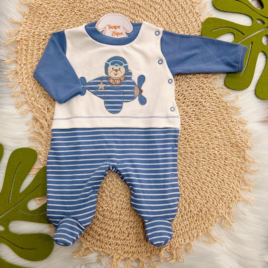 Macacão Malha Trape Zape - Urso Aviador - Azul Jeans Listrado